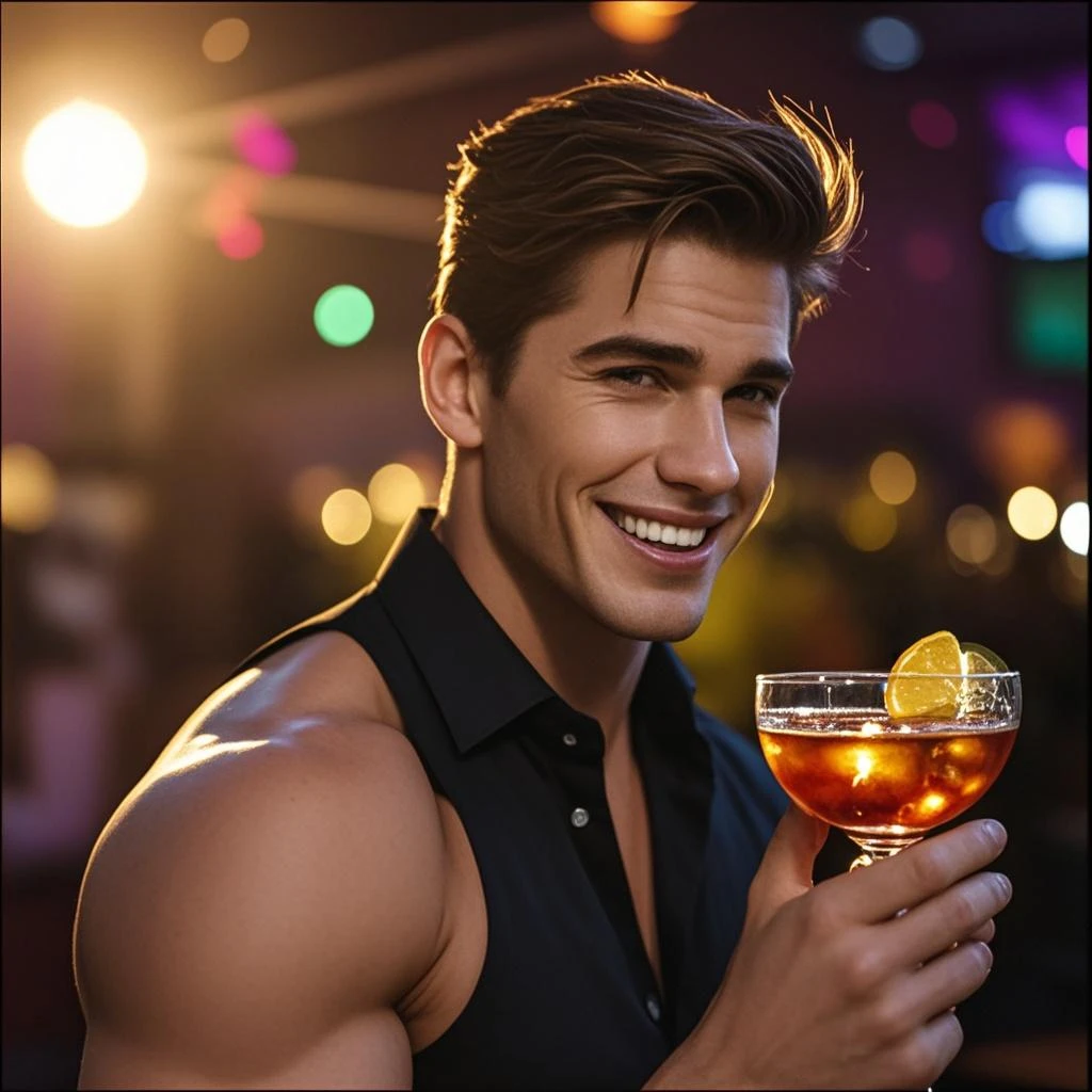 fullbody, A 25 years old men, slender muscular toned hairless body, white skin, broad shoulders, narrow waist, large pectorals, muscular legs, strong arms, oval face, heart chin, green eyes, turned up nose, thick lips, prominent cheekbones, heart jaw, straight eyebrows, wavy blond hair, fullbody image , tender innocent gentle look
He is stainding in a bar , drinking red wine shirtless, pantless, barefoot smiling, relaxed gaze, wearing thongs
in the background barscene gentleman, bottles, tables, men