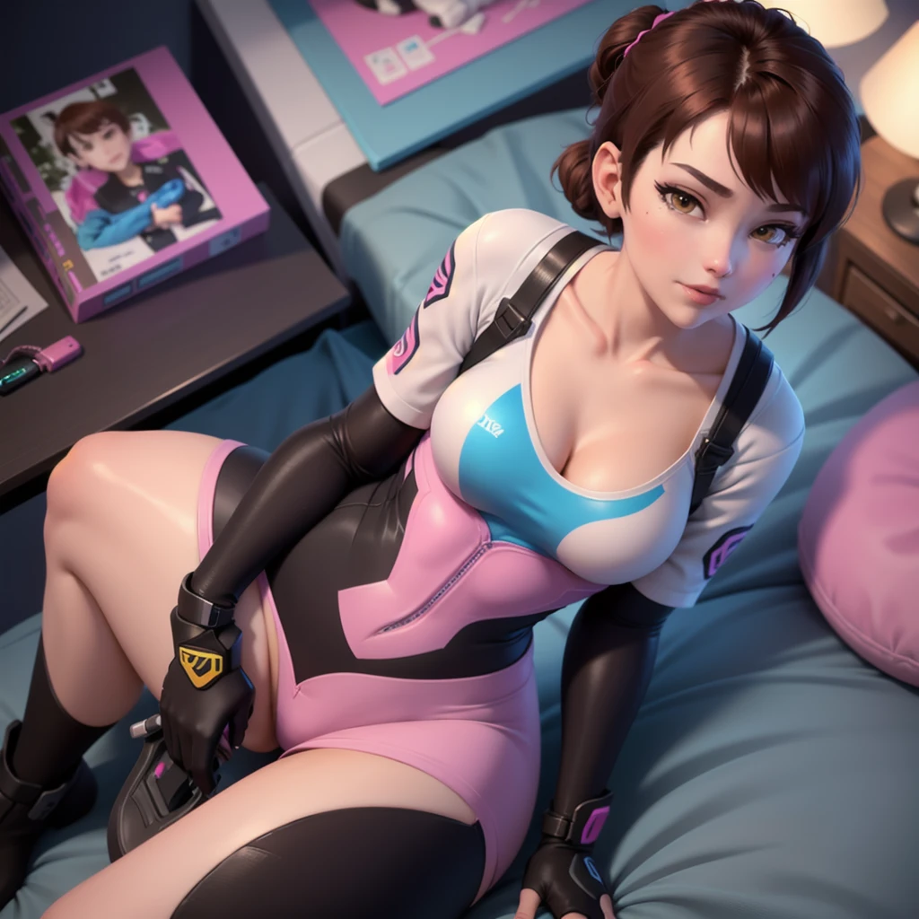 DVA from Overwatch without her mech, a woman with short brown hair in a ponytail,she sits with her legs spread, high quality refelctions, volumetric lighting, she is wearing her classic thin tight figure hugging soft pink white and blue full bodysuit, in her bedroom on her bed, 1 girl solo, cinematic lighting, high resolution, physically-based rendering, 8k, volumetric lighting, hyperrealistic, detailed facial features, masterpiece, full upper body, gaming setup in background, cinematic, she has very small breasts, flat breasts , the focus is on her whole body and the environment, cinematic screenshot, you can see the whole room and her sitting on the bed, the picture has a very soft look at soft textures, cute sleepy smile, her arms are on a game controller, DVA is gaming before sleeping, woman body, 1 person, soft bodysuit, nsfw