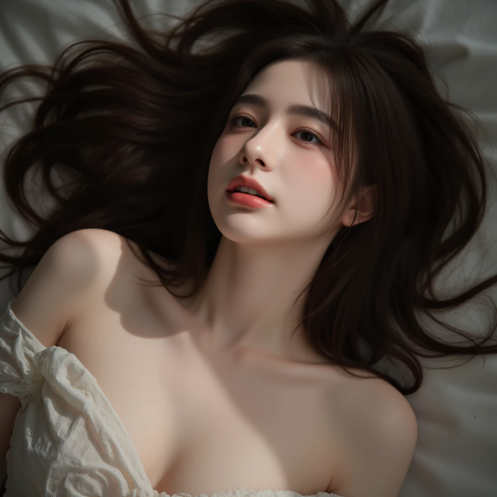 Best quality, masterpiece, super high resolution, (realistic: 1.2) 1 girl, sexy appearance, warm light, summer, lying flat position, a woman in a white translucent floral skirt lying on the beach, lip biting action, sexy and confused eyes, half-exposed chest, one side of the clothes shoulder strap falling on the arm, beautiful long legs, one leg bent, one leg straight, full body close-up, super detailed, perfect proportions, satellite view display