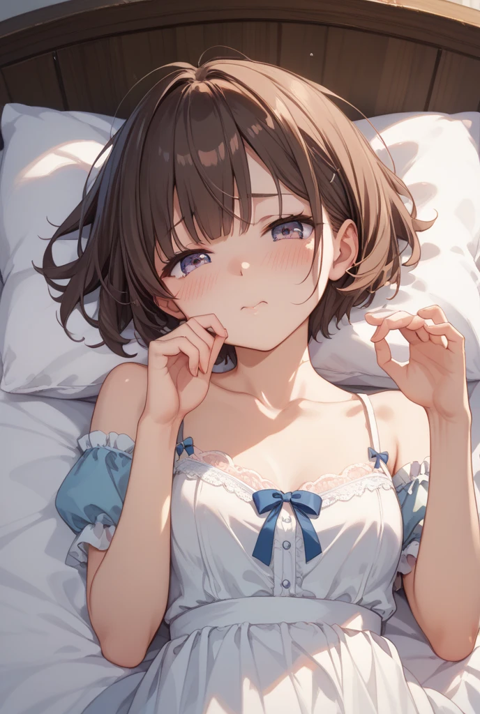 ​masterpiece、top-quality、hight resolution、Brown Shorthair, Open your legs 、((Sleep face up on a futon))、(As if looking up from below)、(Show off white lace panties)、NSFW