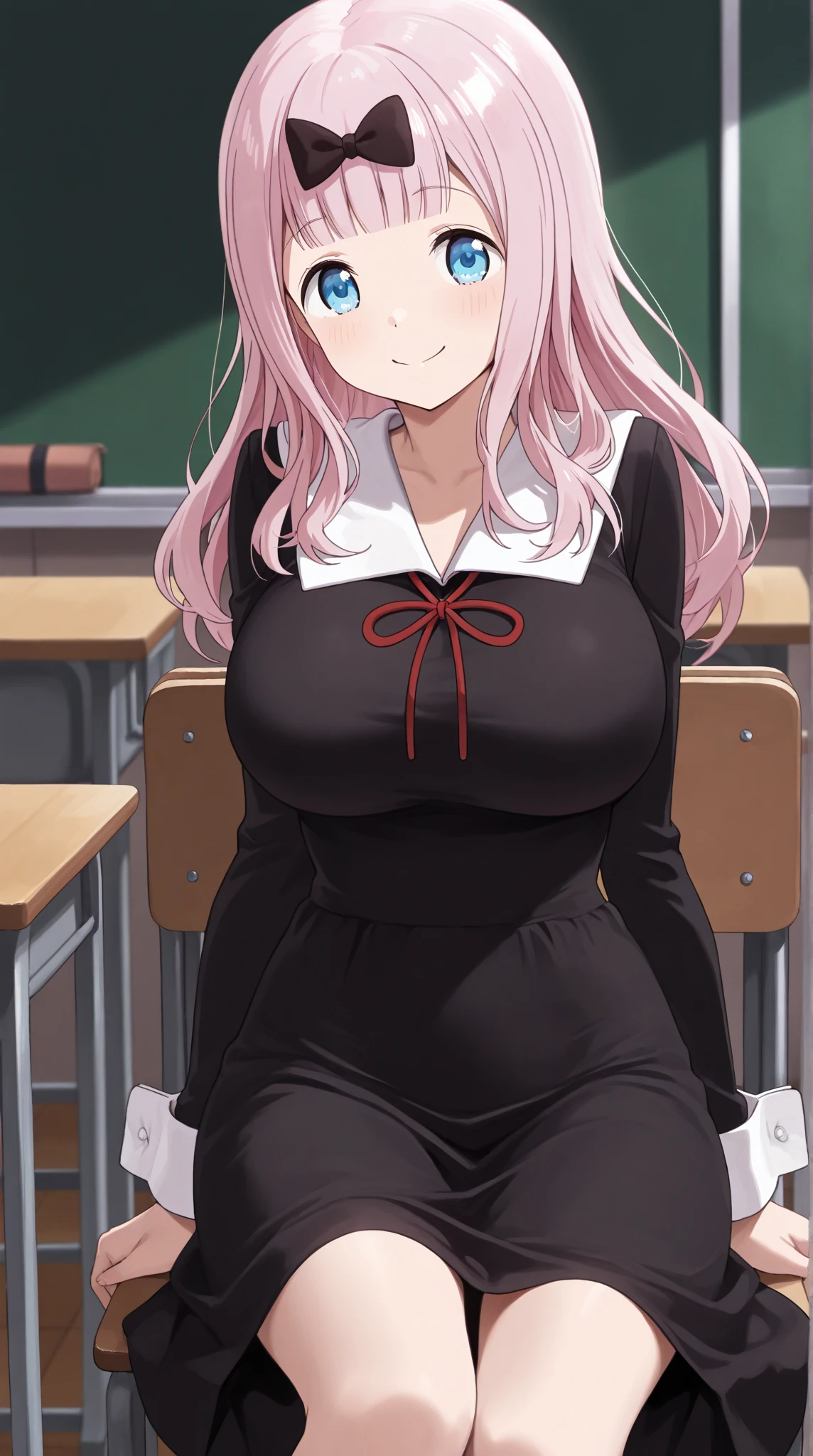 best quality, (masterpiece:1.2), detailed,
fujiwara chika (kaguya-sama),
1girl, solo, open mouth, smile,
pink hair, blue eyes, long hair,
, black dress, hair bow, black bow, red ribbon,
standing,, looking at the viewer, classroom
Full sleeves
, Prompt: (huge gigantic super mega hyper breasts:0.7),(biggest round giant massive boobs), sexy,