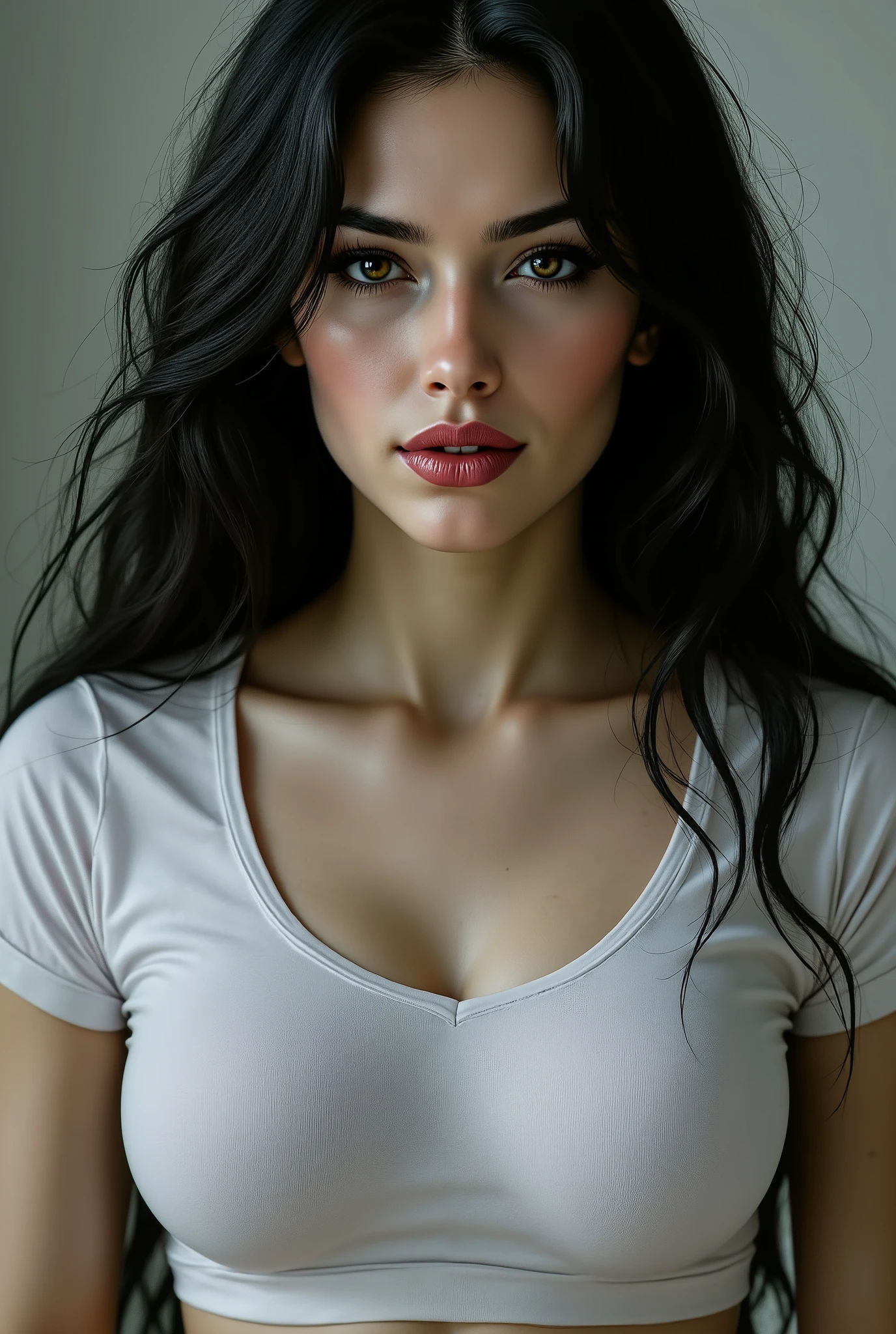 Woman with long hair、Big Breasts、 White Drenched Tee 、Nipples protruding、Slightly slanted eyes、Looking at the camera、A little surprised face、