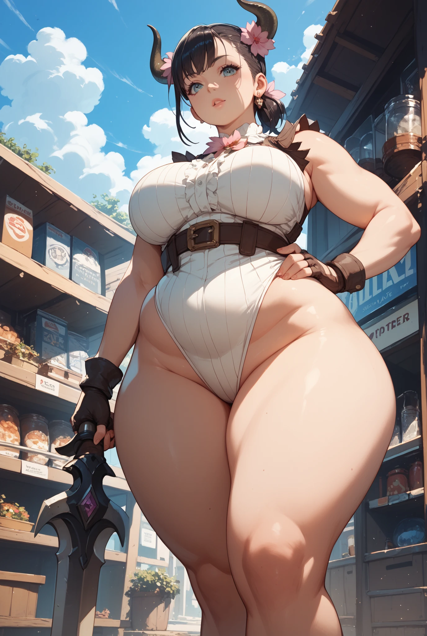 (masterpiece), best quality, female warrior, huge girl, female muscular:1.2, (curvy:1.7), (((blank background))), ((full body)), fingerless gloves, sandals, sleeveless, covered nipples, ((buzzcut hairstyle)), purple hair, hair over eyes, ((very big legs:1.4)), ((camel toe)), (cleavage)