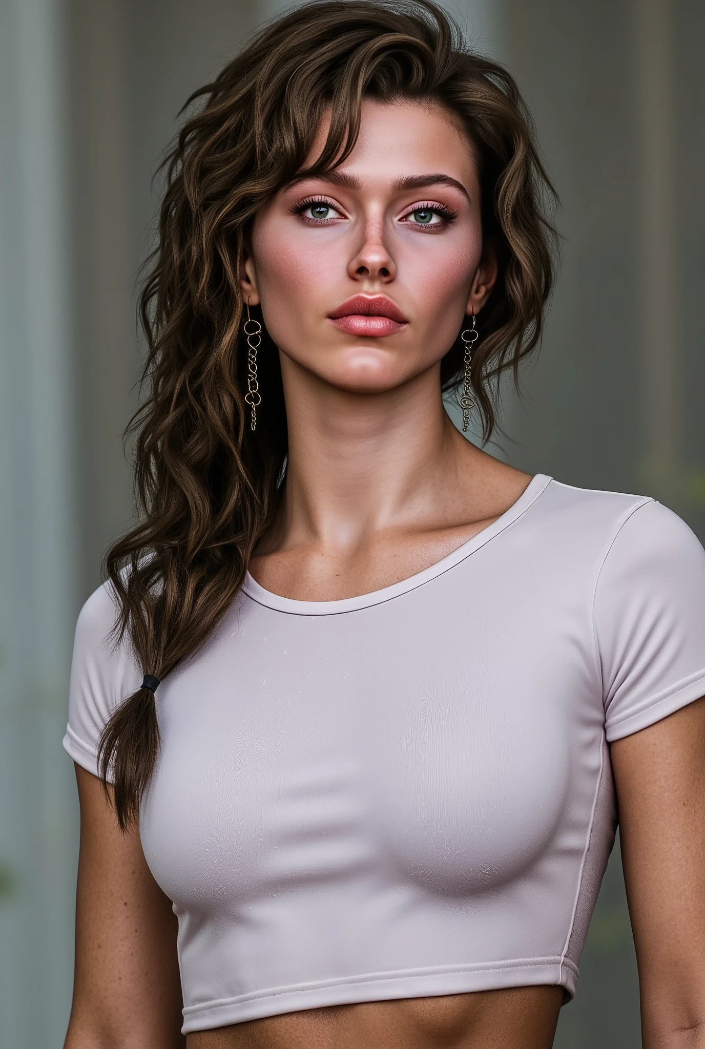 Woman with long hair、Big Breasts、 White Drenched Tee 、Nipples protruding、Slightly slanted eyes、Looking at the camera、A little surprised face、