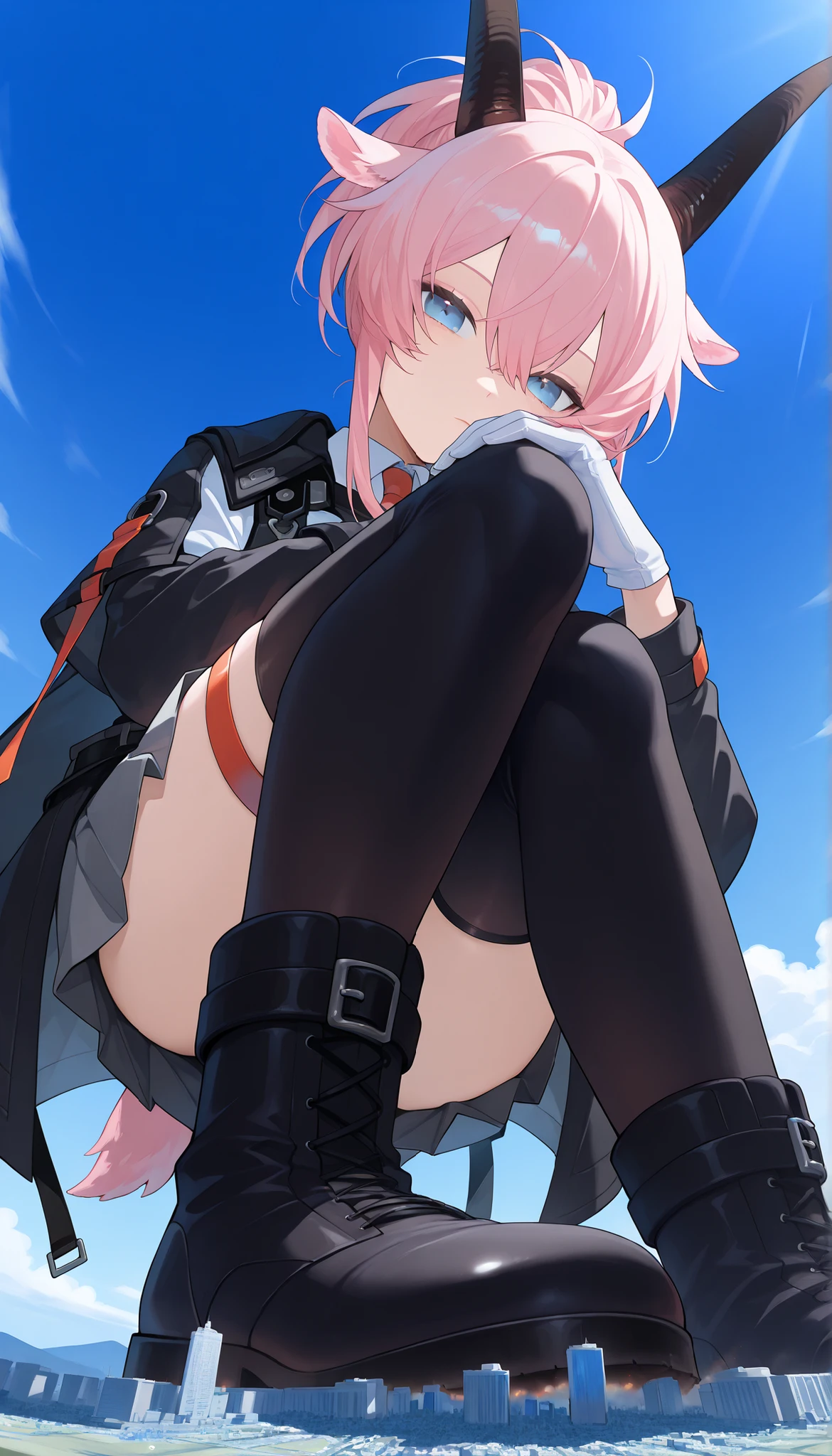 score_9_up, score_8_up, score_7_up,地面に座る,earthspirit, looking at viewer, pink hair, ponytail, hair between eyes, bangs, horns, animal ears, blue eyes, goat tail,
coat, white shirt, necktie, skirt, belt, black thighhighs, thigh strap, white gloves, black footwear, (giantess:1.4), microcity, 1girl, solo, collapsed city, Outdoors,(from below), masterpiece, best quality,白いパンツ