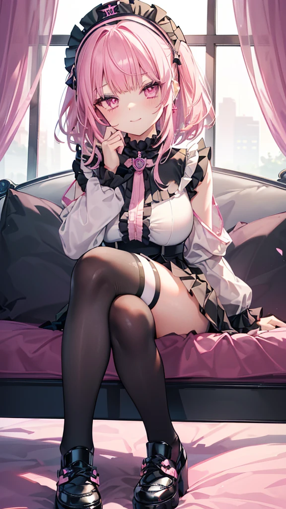 ((Highest quality)), ((masterpiece)), (detailed), (nsfw), the cartoon girl is sitting on the couch wearing a pink outfit, 1girl, 独奏, thighhighs, twintails, multicolored hair, pelvic curtain, white thighhighs, double bun, large breasts, long hair, blush, blue eyes, looking at viewer, chinese clothes, sitting, spread legs, open mouth, tongue out, naughty face, pussy
