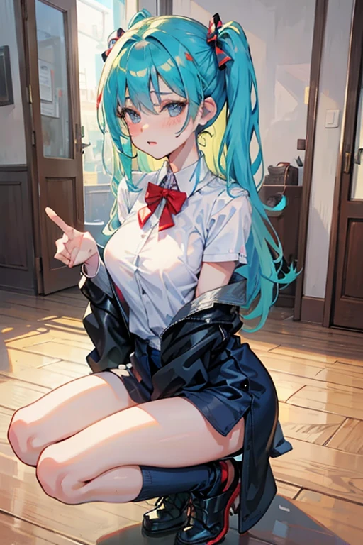 (Prominence in Masterpiece, Best Quality: 1.2), solo, 1 girl,aqua, serious, mouth closed, looking at viewer, hand on face, sitting, legs crossed, collared shirt, tie up, skirt, stockings , big thighs, big breasts,blue hair)