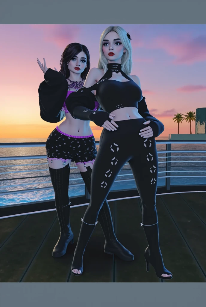 Masterpiece, high quality, hyper realistic, high resolution, Two thick curvy Women, shiny dewy body skin, big lips, in Telfar Bikinis posing for a picture. One woman on the left is wearing an orange Telfar bikini, kneeling on the ground with her hip jutted, with big and cleavage and big luscious thighs and a short haircut with waves (Black Hairstyle Culture), One woman on the right is wearing a Pink Telfar Bikini with small , a waist, and pink Telfar Boots, and a two-toned Jean jacket with (Long Black Hair in a sidepart) ((Looks like a lacefront), High Quality, 8K, Octane Render, Daz3D Styled Image, Realistic Shadows and Lighting. ( ( dark skin ) ) black skin!!!, ( brown skin ), realistic bikini, ethereal vaporous tan skin, latina skin, bra and shorts streetwear, full body and face