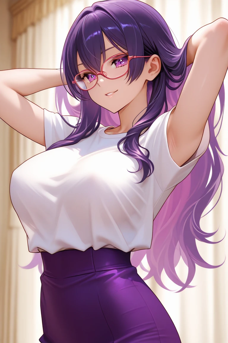 1 milf, long purple hair, very big breasts, very sexy body, wearing a white t-shirt, wearing black shorts, wearing glasses, smiling