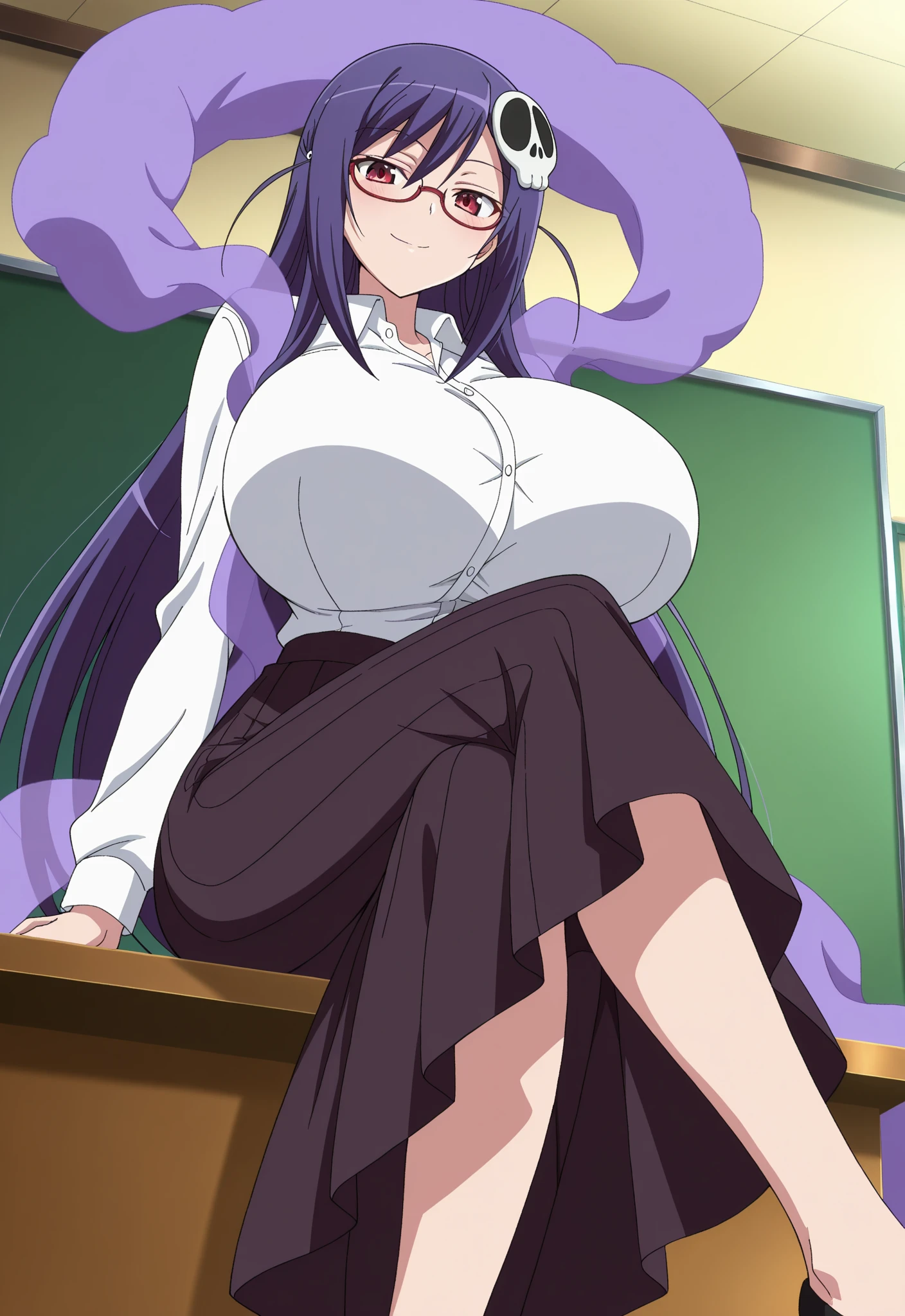 1 girl, (((bimbo))), long gray( blue hair), purple eyes, earrings, (((bimbo))), puffy lips, painted lips, thick lips, smile face, wide hips, thighs thick, huge round ass, Hitomi Tanaka's huge natural breasts, skirt, school teacher, teacher, cleavage
