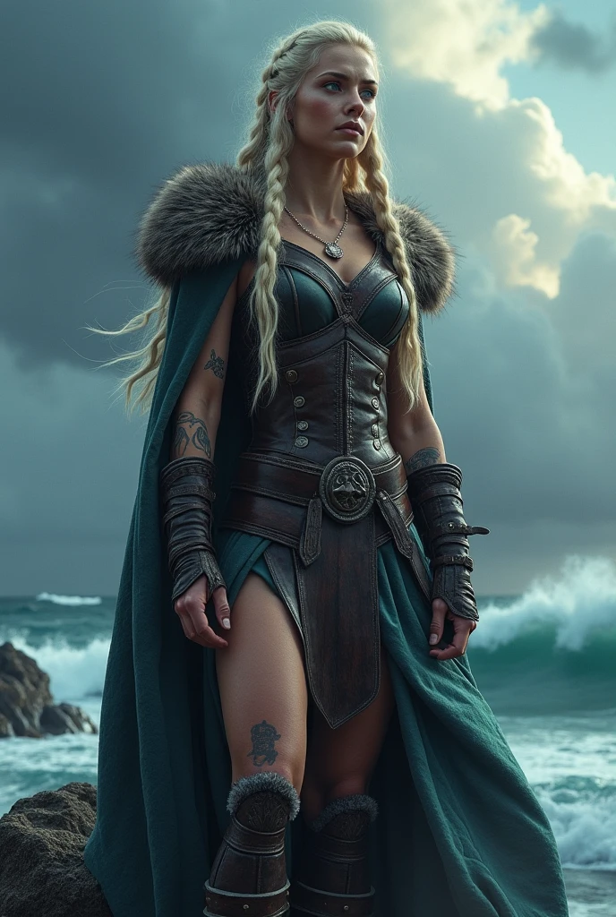 ​masterpiece、top-quality、Movie stills、woman swordsman、Female Warrior、Perfect eye depiction、30-years old、very muscular、Less body fat、Developed abs、Long fluffy light blue hair、sufficiently tanned skin、One arm is raised behind the head、Holding a sword in one hand、Nordic beauty、thin eyebrows、proud、goodlooking、Perfect proportions、huge tit、big breasts thin waist、A sexy、big breasts thin waist、maikurobikini、T back、Armor on the shoulder、Armor on the arm、耳环、Powerful posture、Depicts the whole body、 (best quality, 8K, masterpiece:1.2), ultra-detailed, realistic:1.37, HDR, UHD, studio lighting, ultra-fine painting, sharp focus, physically-based rendering, extreme detail description, professional, vivid colors, bokeh, portraits, landscape, art nouveau, warm color palette, atmospheric lighting