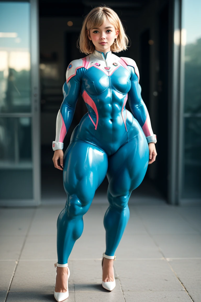 Drawing of female fitness model, toned body, feminine, huge upper body, torso shot, wide shoulders, veins, beautiful face, full lips, slim face, high cheekbones,(best quality, highres, ultra-detailed, realistic), muscular arms, defined abs, confident expression, silver gray light bodysuit, intense gaze, vibrant colors, dynamic lighting, mixed media artwork, blank background