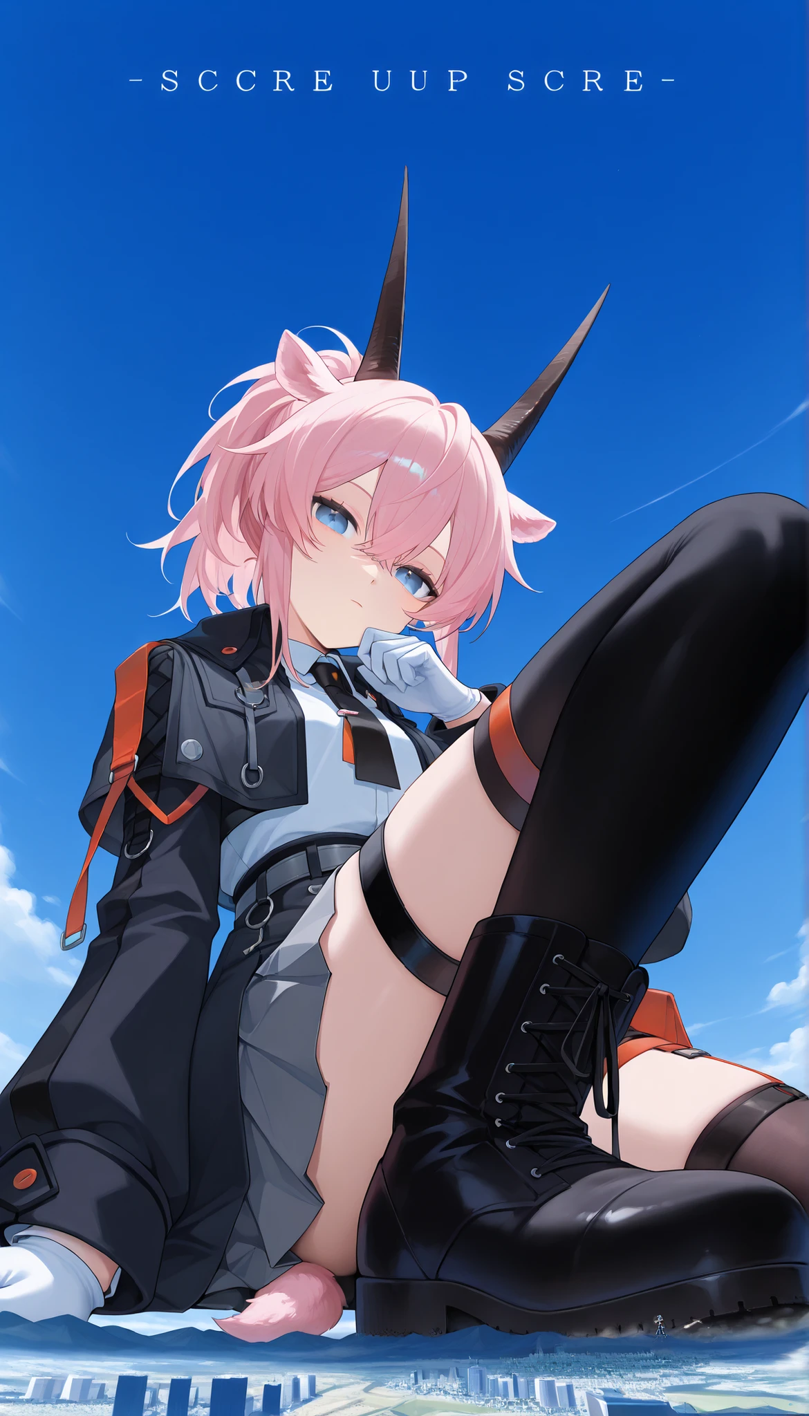 score_9_up, score_8_up, score_7_up,地面に座る,earthspirit, looking at viewer, pink hair, ponytail, hair between eyes, bangs, horns, animal ears, blue eyes, goat tail,
coat, white shirt, necktie, skirt, belt, black thighhighs, thigh strap, white gloves, black footwear, (giantess:1.4), microcity, 1girl, solo, collapsed city, Outdoors,(from below), masterpiece, best quality,白いパンツ