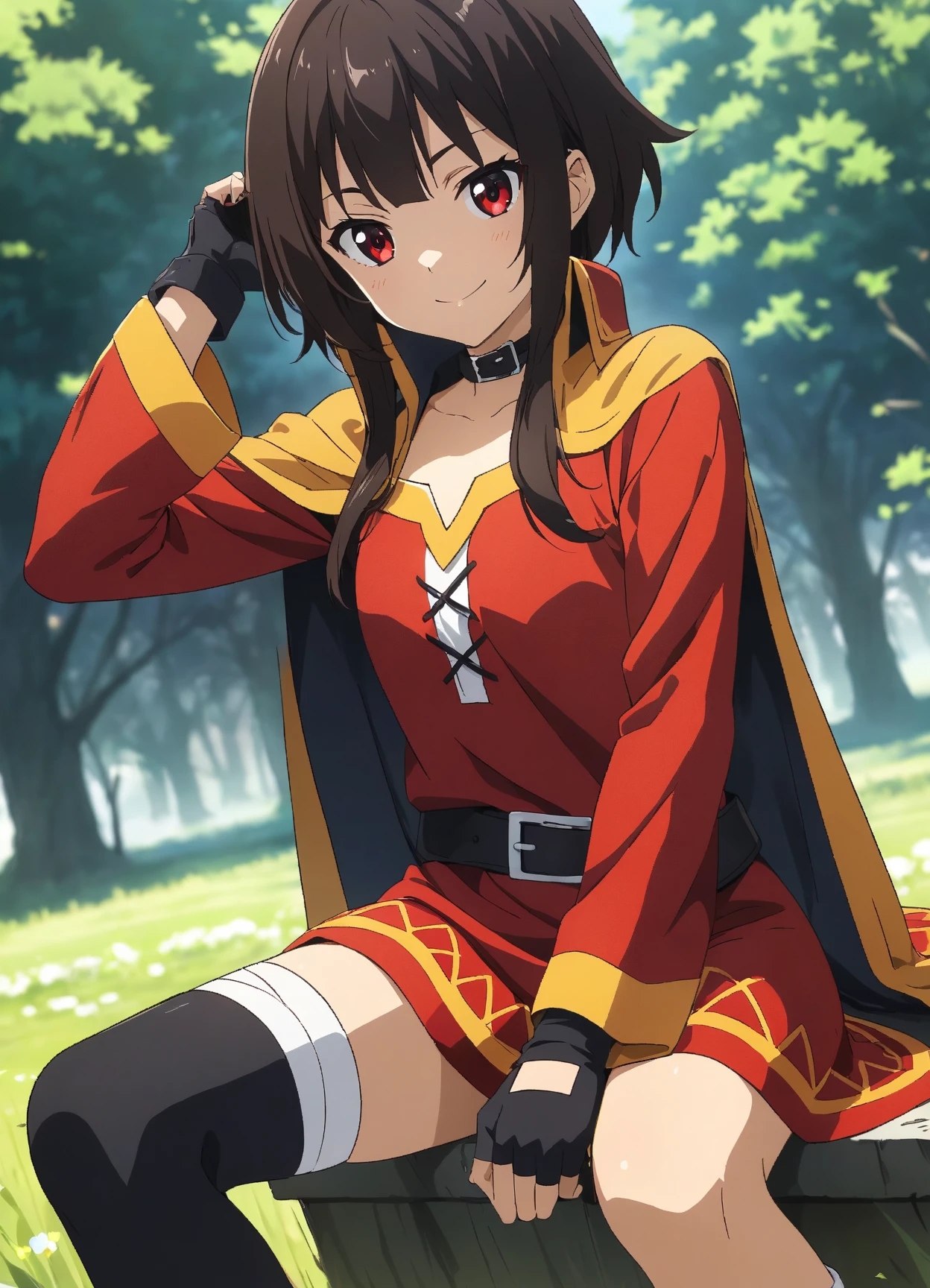 (highest quality:1.2, Very detailed, Anime Style, Studio Anime, Very detailed, Ultra-high resolution, High Contrast, masterpiece:1.2, highest quality, Best aesthetics), alone, (1 female), \(KonoSuba\), (Megumin), short hair, Black Hair, (Red eyes:1.3), short hair with long locks, Knee socks, gloves, have, dress, black gloves, belt, black Knee socks, fingerless gloves, Cape, collar, witch have, bandage, red dress, シングルKnee socks, Asymmetrical legwear, bandageを巻いた足, Dutch Angle, Stand and pose, Very detailedな顔と肌の質感, (Accurate fingering), Cowboy Shot, Grassland scenery, Forest seen in the distance, Background blur.