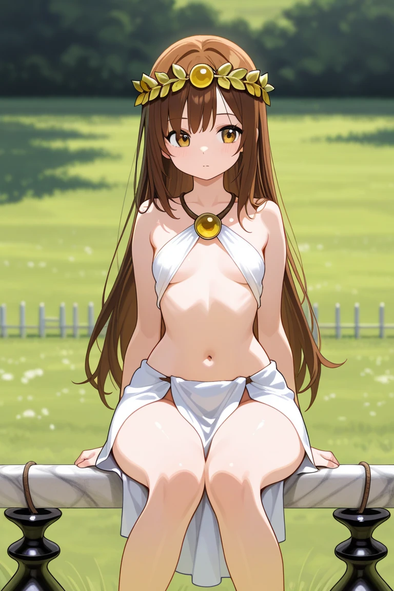 masterpiece, best quality, highres, 1girl, anjou naruko, hairclip, large breasts, wrist scrunchie, twintails, <lora:anjou_naruko_v3:0.7>, nude, pussy, lying, grass, smirk