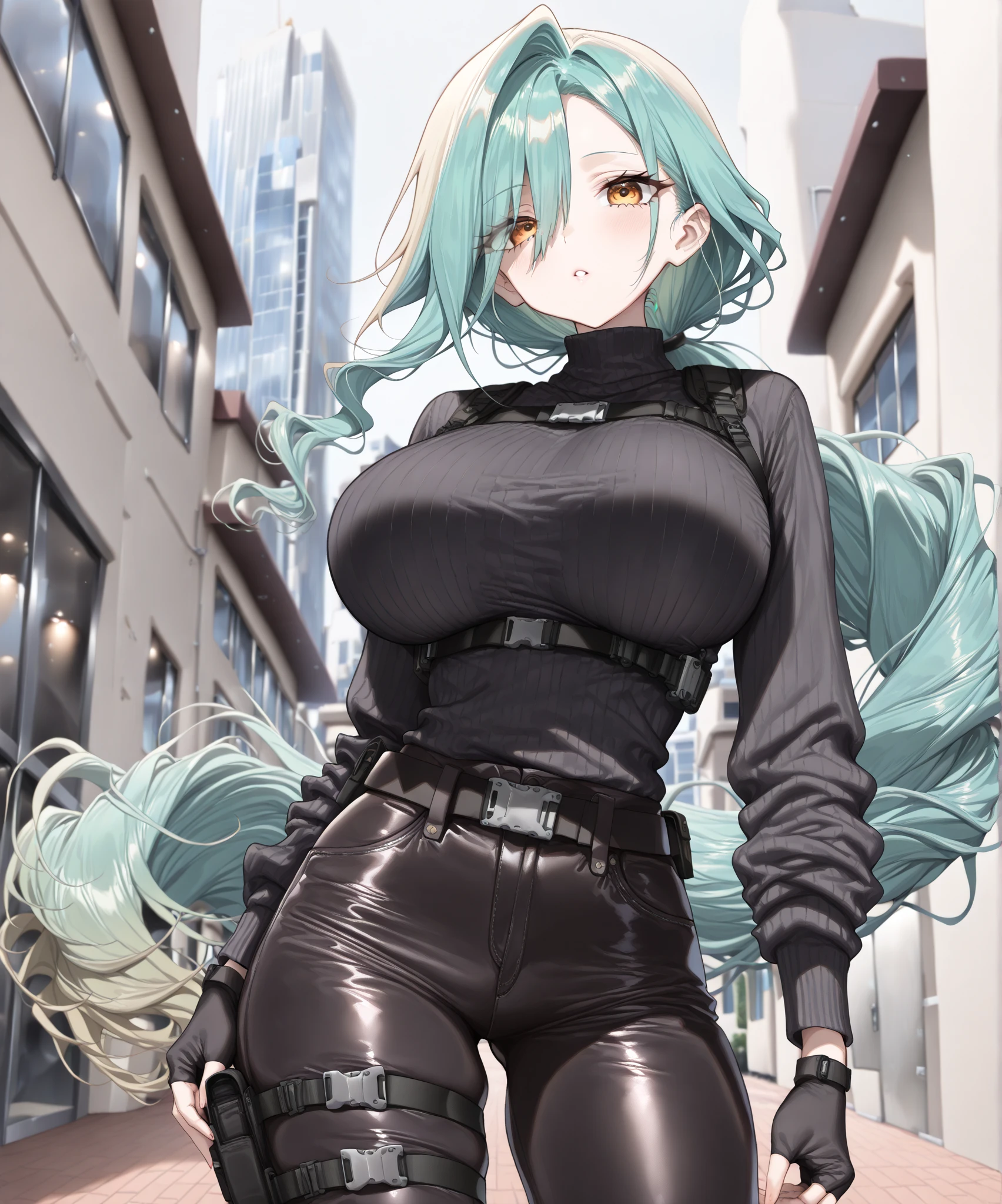 Young female, curvy body, DDD size breasts, dark green hair in two buns, light blue eyes, beautiful, vertical labret piercing, wearing Korean street style clothes. 