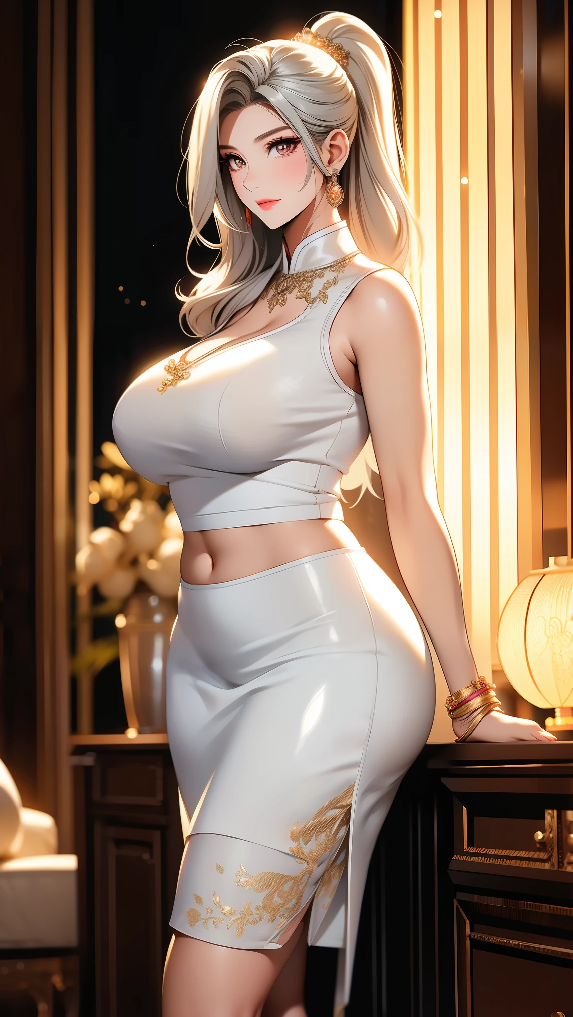 back view,(best quality, masterpiece),(a beautiful voluptuous white milf),muscle,(silver cornrow hair)(silver dreadlocks),(dark tanned skin:1.5),(oily skin:1.3),(gold embroiled black slit dress:1.4),silver round glasses,gold necklace,(large breasts),jewelry,gold anklet,gold bracelet,(large ass),(seduce pose:1.4),(smirk:1.2),(absurdres:1.4),(in dark room with twilight)