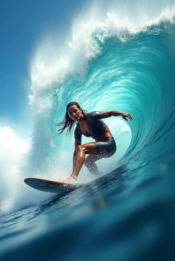 Generate an image of a perfect wave and a surfer 
