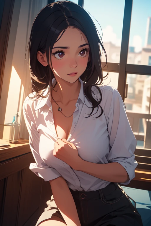 (Beautiful woman leaning towards the table in the teacher&#39;s room., tirar,manos sobre la mesa),falda,collar,pelo largo, camisa, fishnet falda,pantimedias de encaje,lipstick,(obra maestra, Mejor calidad, alta calidad), obra de arte profesional, Detalles intrincados, sharp focus, pintura detallada, Encendiendo, (vivid Encendiendo, colores vibrantes),Ojos perfectos,mirando la vista,de cerca,parte superior del cuerpo,Vista desde abajo,erotic