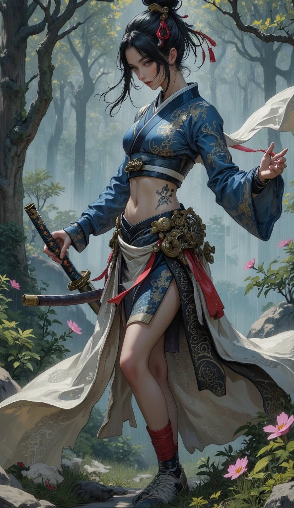 ((full body illustration)), high definition|quality|contrast. Magic fantasy art. an imposing Chinese warrior woman holding a staff in a combat pose, ((attack pose)), looking at the viewer, traditional dress in shades of green, tattoo on her leg, (swirl of leaves around), wind, soft ambient light.