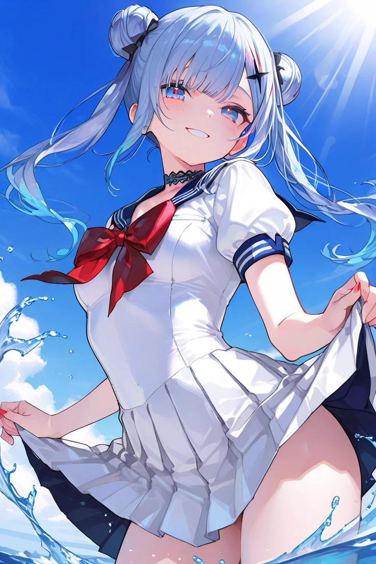 score_9, score_8_superior, score_7_superior, masterpiece, best quality, absurdres, high_fidelity, vibrant, sauce_anime, evaluation_Safety, rating_explicit, White haired cat ear girl, Straight, Viewer Perspective, Reaching out, Adorable, Sailor suit, white panties, Cat taill, under breasts, cowboy shot