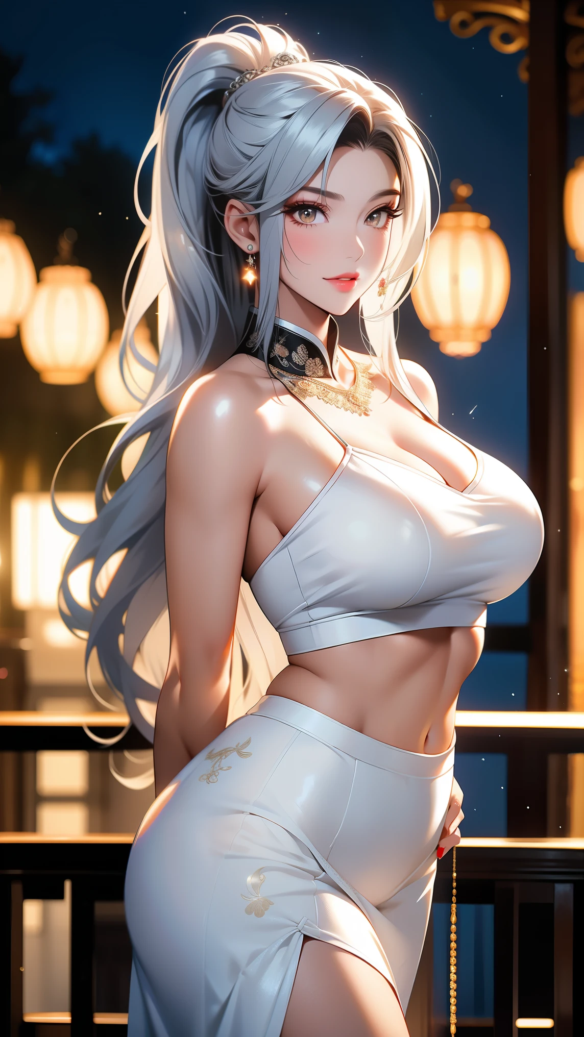 random angle image, brush drawing image, half body close portrait image, beautiful busty Asian female teen, aged 20, soft skin colour, flowing long braid white hair, wearing white slim fit short maid dress with stockings, dynamic pose, grey smoke lines behind, white background, 8K resolution