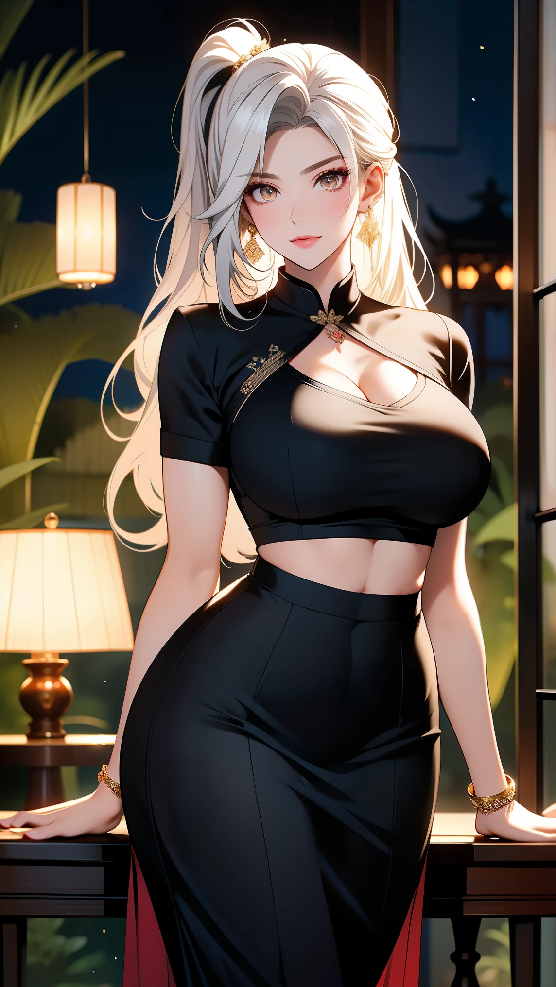 (Art: 1.2), (best quality: 1.2) 1 woman, mature, tall (1.85), She appeared to be around 30 years old, had long golden hair, straight and shiny hair, emerald green eyes, extremely detailed, perfect eyes , extremely realistic eyes, well-aligned eyes, long eyelashes, anime style, perfect face, milf face, full lips, smiling, mature, clear skin, natural body, sexy body, MILF body, hands on waist, perfect hands, detailed hands, hands well proportioned to the body, realistic hands, arms with good anatomy, she was only wearing an immaculate white Chinese oriental style dress, the dress still could not hide her extremely large and huge breasts that were hanging down due to her size, thick thighs, wide hips , Looking at the viewer, background scenery, scenery at a Chinese viewpoint on the edge of a lake, in the background posing the setting sun, alone Looking at the viewer