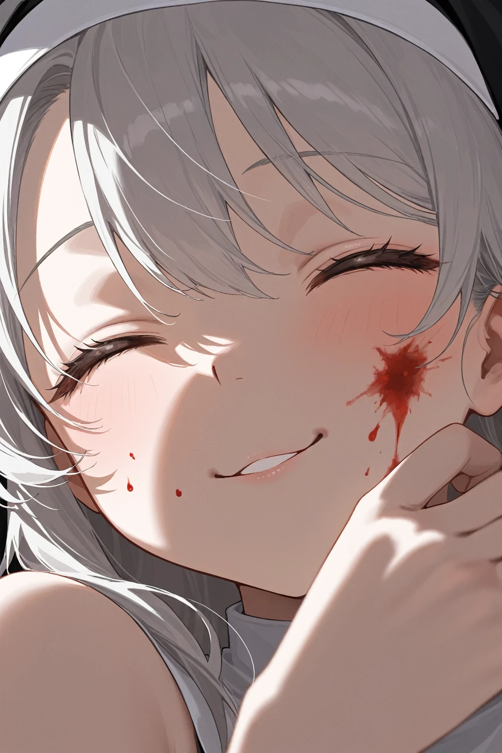 8K Ultra High-Quality, ultra-detailed, High quality, Dark Grey hair, short hair, grey owl feathers on the hair, smug face, closed eyes, blood stains, bandage covering injuries, face close up