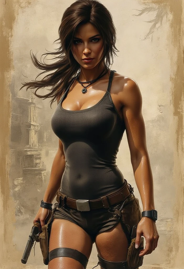 Lara Croft, sexy , motor irreal:1.4,CG ultra realista 64K, fotorrealista:1.4, textura de la piel:1.4, obra maestra:1.4,Hermosa mujer, Antecedentes detallados ,An apocalyptic city of fire, mostrando vientre plano, hermosas manos finas --auto --s2