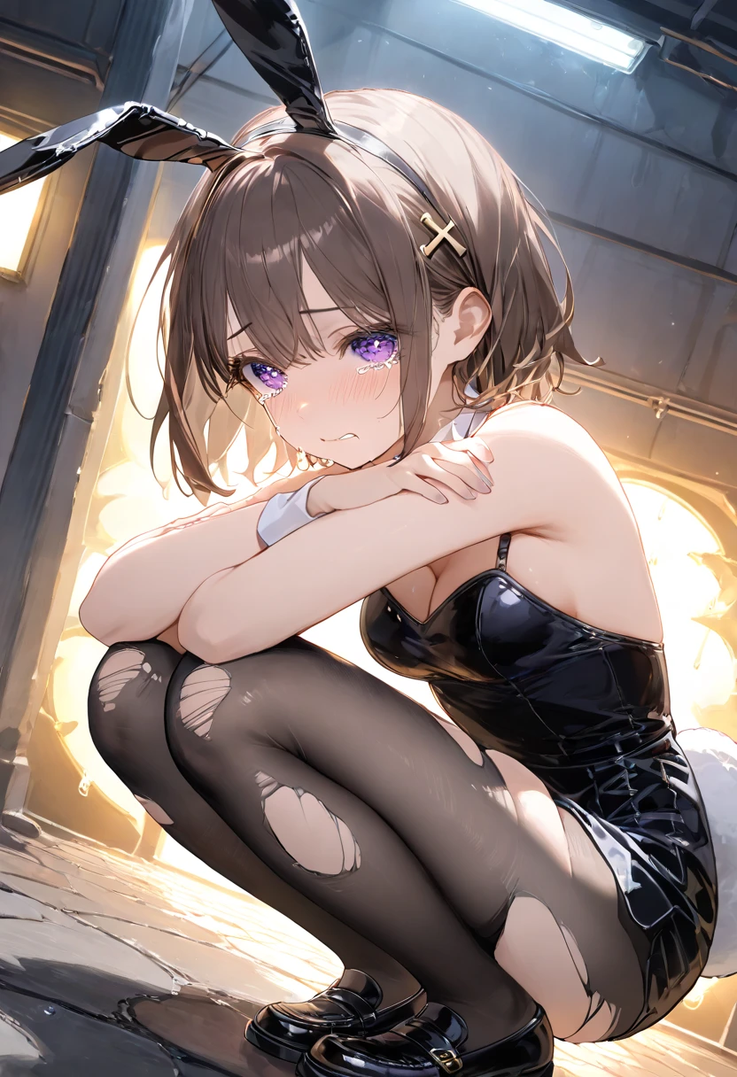 Simple high leg body stockings、A body stocking that covers everything except the face、Brown see-through、No clothes except for full-body tights、1 woman、No background、Kneel on the ground and spread your legs wide、Camera angle looking up from between the legs、View Viewer