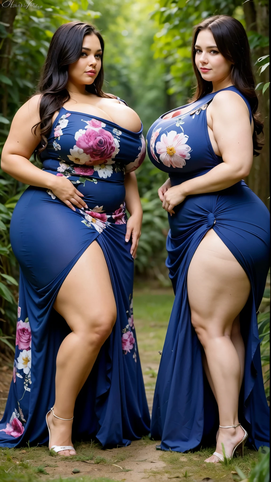 Two girls , full body dress (blue long dress, highly detailed and realistic dress, realistic nature, curvaceous and  body) [exquisite brushwork, stunning colors, soft lighting, serene atmosphere], ,(big booty)  Plus size bbw big ,, (wide booty)insanely inflated hips,Thick body ,fat body , curve shap body, widest hips , thick hips ,widest breast,  thick breast, flower design in dress 