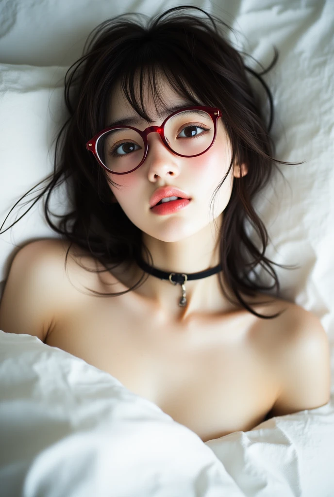 masterpiece,highest quality,NSFW,vagina,sex,throw,At the bed,(Lie down on the back)、Watery eye、small breasts、flat chest、small breasts、small breasts、nipple、climax、cumming face、vagina、tremble、open shirt、spread your legs wide、Red glasses、short hair、vagina、shaved pussy