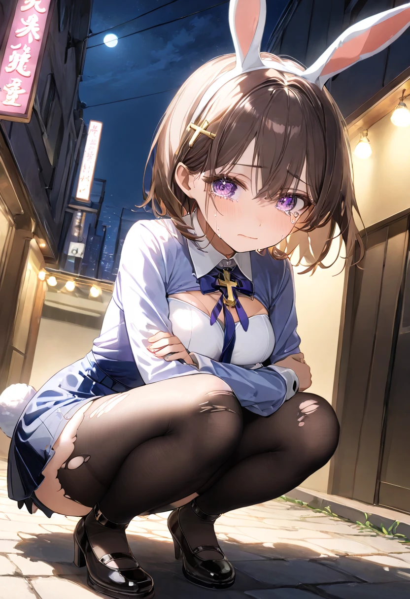 ((Perfect Anatomy:1.3,Realistic:1.3,RAW Photos:1.3,masterpiece、highest quality、Ultra - High resolution、High resolution、Highly detailed CG、8k)),Cowboy Shot. 1 female,alone,18-year-old、high school girl,beautiful girl,((Beautiful Eyes:1.2,Big Beautiful Eyes:1.3,)),Platinum Blonde,Long Hair,(Center parted hair:1.4,amount),Small Head:1.3,((Provocative smile)),thin,((Dark brown skin:1.7)),(Oily skin,Glowing Skin,Shiny skin,(school uniform、Dark blue blazer jacket、Checkered pleated mini skirt,White socks,Black Loafers),(Show the viewers your dark purple panties),Beautiful legs,squat. The background is a dirty back alley、((dark)),((At night))、Tokyo.