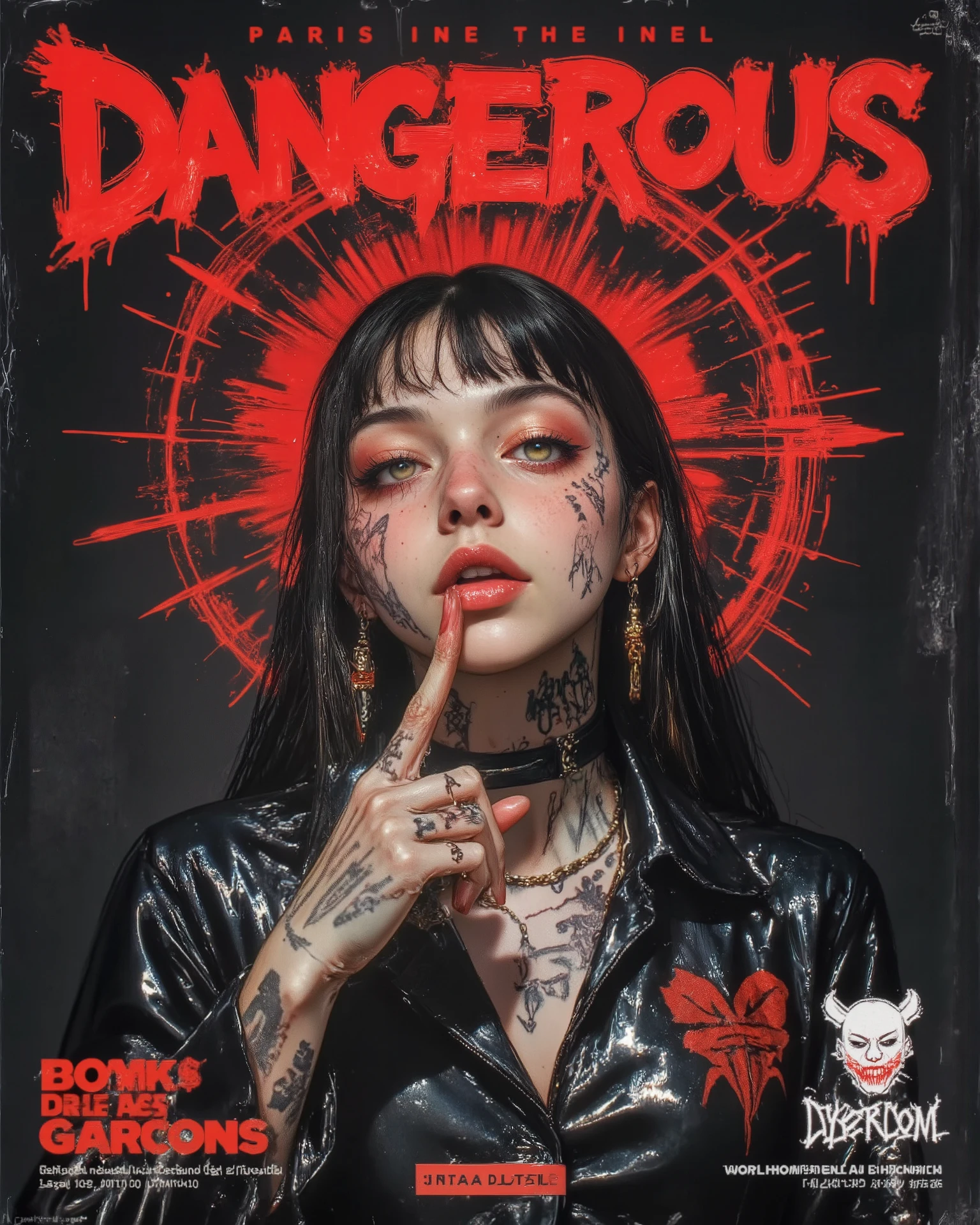  wicked, Dark and dangerous world of picture books！、((Dangerous World:1.2)) fashion photography、((Dressed in a piece by Cybercom des Garcons:1.2))、portrait,A girl, Photorealistic, Later ,genuine leather  ,best quality ,  super fine ,mafia  ,facial tattoo, ,(shows his finger as a mockery:1.2),long hair、(Paris Runway Collection:1.2)