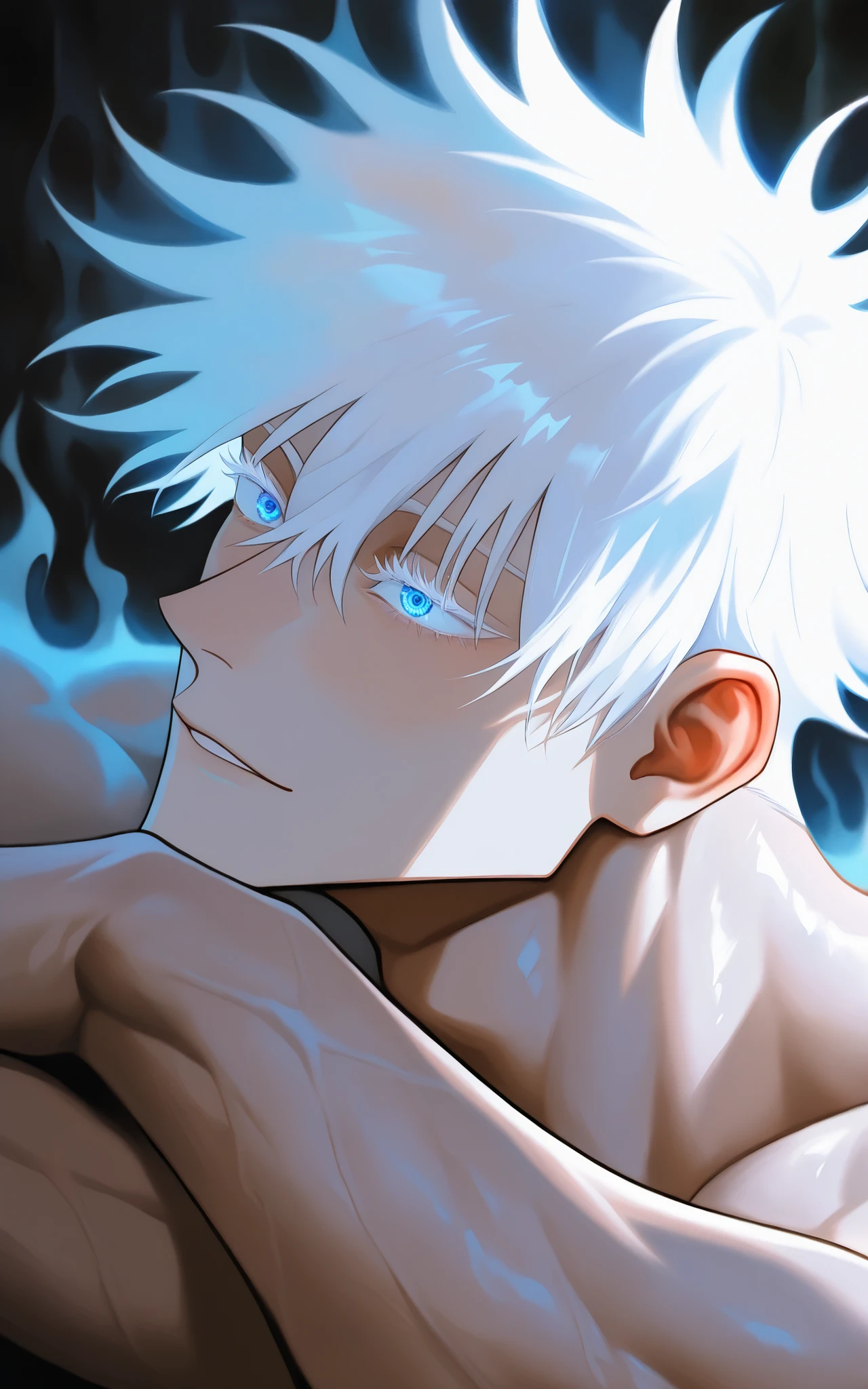 painted art style, paint style, acrylic piainting, oil painting, layered painting, semi-realistic art style, attractive features, detailed features, pseudo-realistic style, semi-realism, detailed colouring, detiled painting, detailed style, bishounen, tsurime, ghost, handsome, majestic, male focus, dark background, 1man, adult, male focus, gojou satoru, jujutsu kaisen, white hair, short hair, ((hair between eyes)), colored eyelashes, white eyelashes, blue eyes, intricate eye iris, detailed eyes, muscular male, sexy man, handsome man, handsome face,
