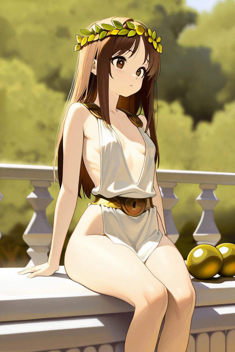 masterpiece, best quality, highres, asunayuuki, asuna yuuki, long hair, brown hair, (brown eyes:2), (large breast:1.2), facial mark, hairband, jewelry, bracelet, hairband, (white off-shoulder wedding dress:1.2), standing, cowboy shot, sky, outdoor, pyramid \(structure\),
