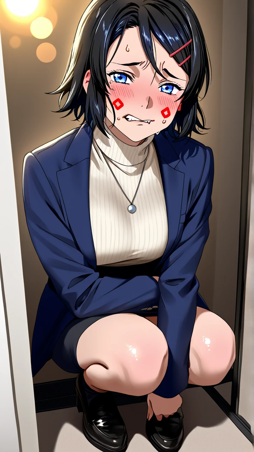 Yor, black fur, red sweater pulled up, by the wide,  In a room, chained de manos, scared, flushed, hip length pantyhose, open legs, POV I put my hand on her thighs, orders, chained, POV you can see her naked breasts, POV she facing me, POV I put my penis on top of her vagina, lying down en una cama. face up, lying down, penis above his crotch.