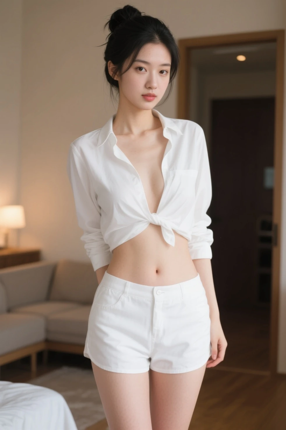 french restaurant、sit on a chair、Blouse for upper body、The lower body is only panties、butt focus