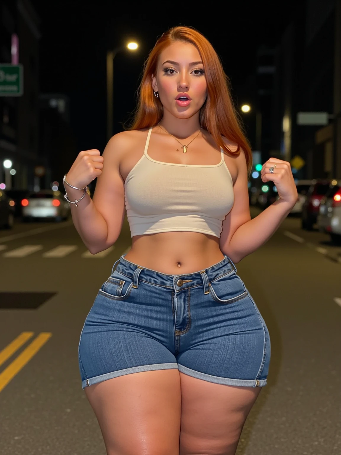 Photo of a gorgeous slim thick young woman with wide  and thick thighs standing in short jean shorts and a crop top. She has wide  and thick thighs. View from the front. She has an panicked facial expression. She has very wide  and a skinny waist. She has a big , wide , and thick thighs. She has a slender upper body. She is bottom-heavy. She has a slim waist. She is wearing a crop top and jean shorts. She has natural ginger hair. She has freckles. She is freaking out. Night time in the city. She has natural imperfect skin. She has a pretty face. Realistic photograph. High quality photo.
