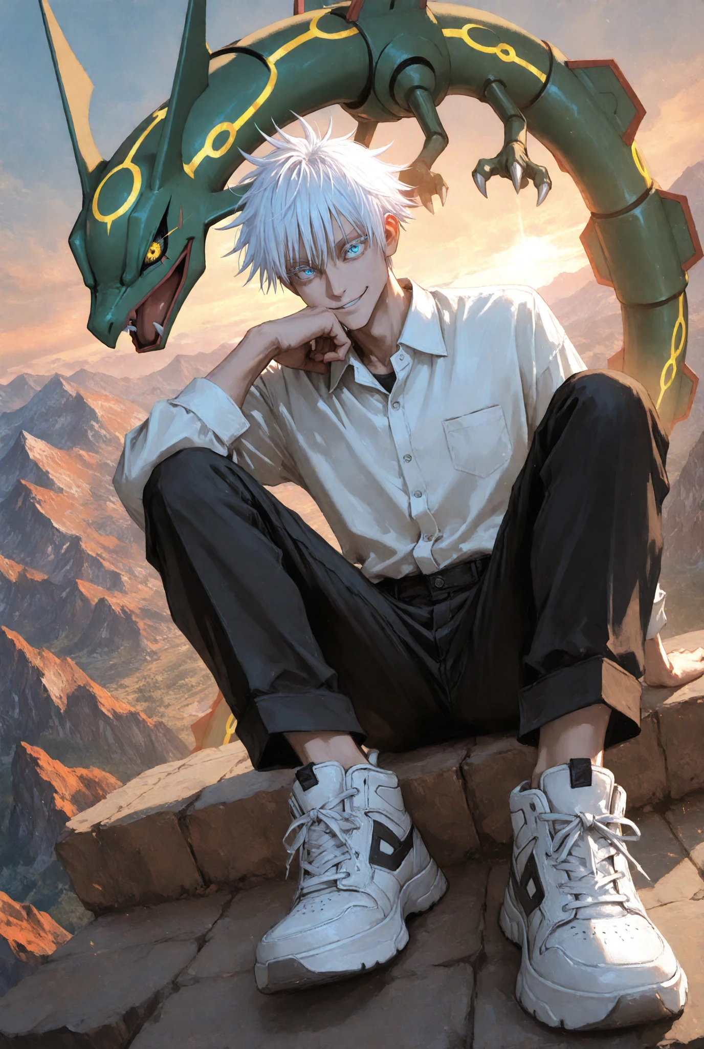 digital painting, 8k, ultra-detailed, volumetric lighting, cinematic lighting, dramatic shadows, vibrant colors, vivid colors, warm color palette, digital art, dramatic angle, cinematic view, 1boy, male focus, gojou satoru, jujutsu kaisen, white hair, short hair, hair between eyes, very long eyelashes, colored eyelashes, white eyelashes, blue eyes, intricate eye iris, detailed eyes, (muscular), handsome, handsome man, mature male, sexy man, alternate costume, white collared shirt, black pants, sneakers, close up, smug, dynamic pose, sitting on rayquaza (pokemon), pokemon (creature), yellow eyes, large dragon backdrop, detailed fantasy landscape, mountainous environment,