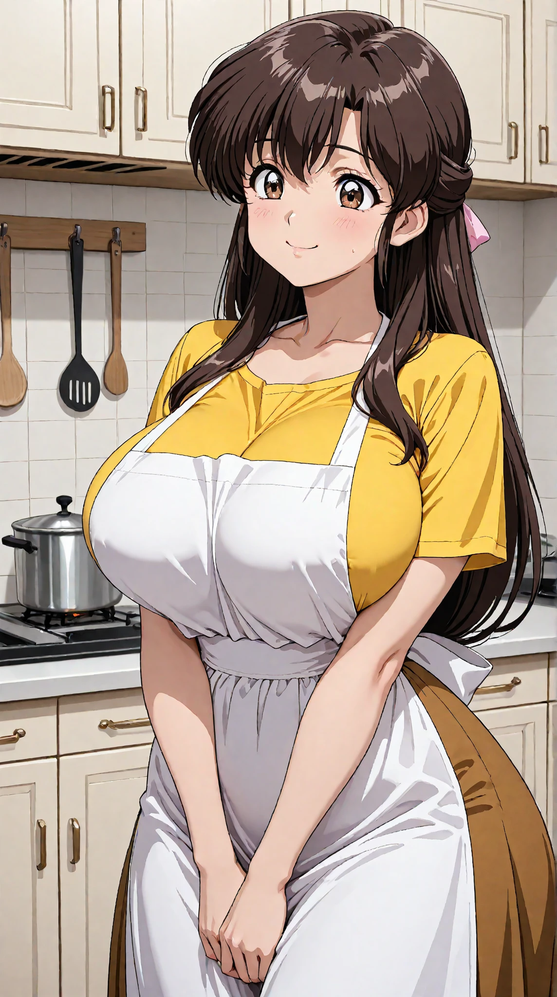 Realistic, masterpiece, Highest quality, (Beautiful Eyes), One high school girl,Sexy pose、(((Burstingly Big Breasts:1.5)))、((Tight abdomen))、 Huge breasts, Sweat, night, Outdoor, Vibrant restaurant, Micro bikini in, String-only micro bikini, Grin, Wet Face, Wet body, Earrings,  White apron,  Puff short sleeves,  Small tray,  Central opening, Last month of pregnancy:1.5、