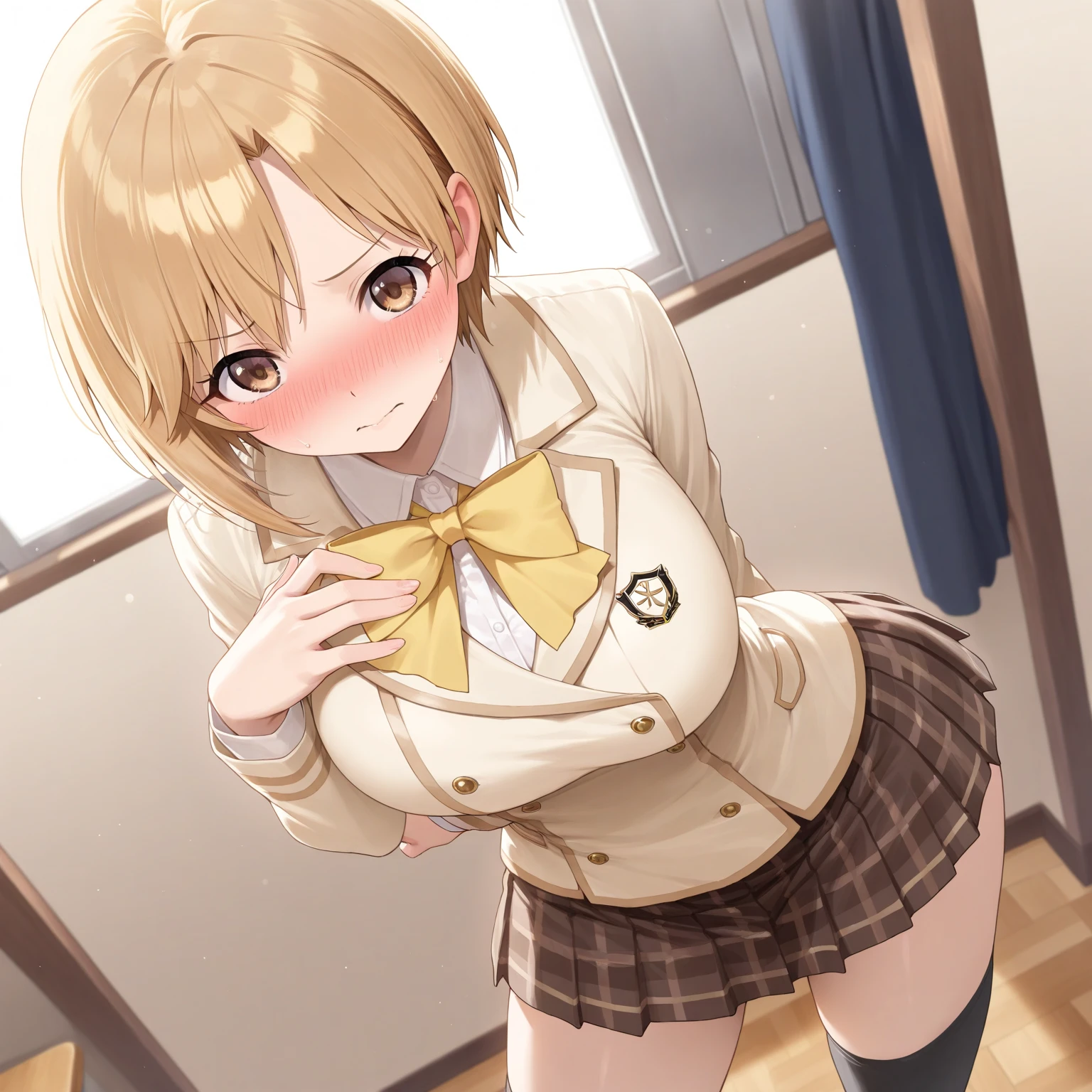 (masterpiece、top-quality、detaileds)、1girl in、独奏、Classroom、in a house、Hana Midorikawa、a blond、Brown jacket、Neck ribbon、shirt with collar、student clothes、plaid skirts、lowfers、Eye lashes、(scowl),Pose Seductive、Skirt lift,Showing panties、Light blue and white striped panties、Black thigh socks