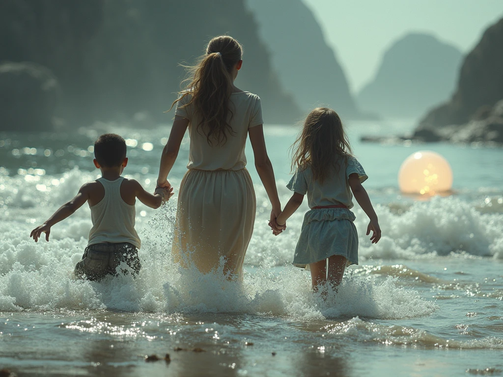 Create a black child holding an Asian baby walking towards their mermaid mother on a very beautiful side.