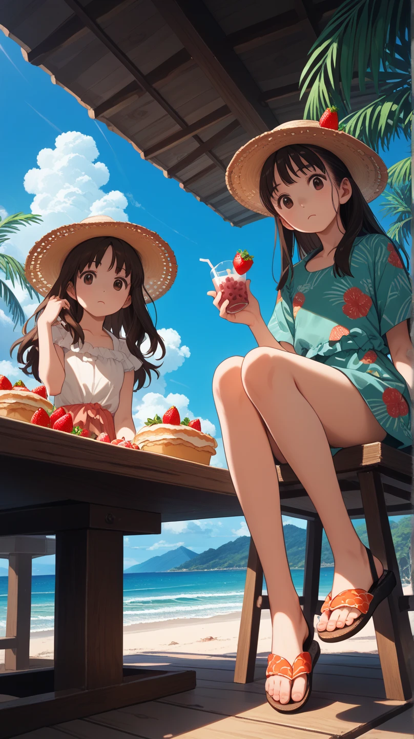 absurdres, highres, vivid
BREAK
one (loli:1.15) girl griping (popsicle) at veranda (wood deck:0.5) of (Japanese house), (summer) vacation, tank top (watermelon) (printed) shirt, short pants, straw hat , smile, happy, open mouth, (sunlight:0.3), (lens flare:0.3), sitting, (sole of feet), (from below:1.25), looking at viewer
BREAK