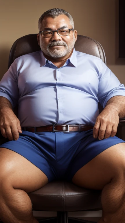 The best quality, Masterpiece, ultra-high-resolution, portrait, (photorealistic:1.4), RAW photo, Handsome manly overweight man, sitting in the cafe, smirk, top knot, with smooth crew neck shirt blue color basic, jeans jeans, Boots, barba, detailed facial textures