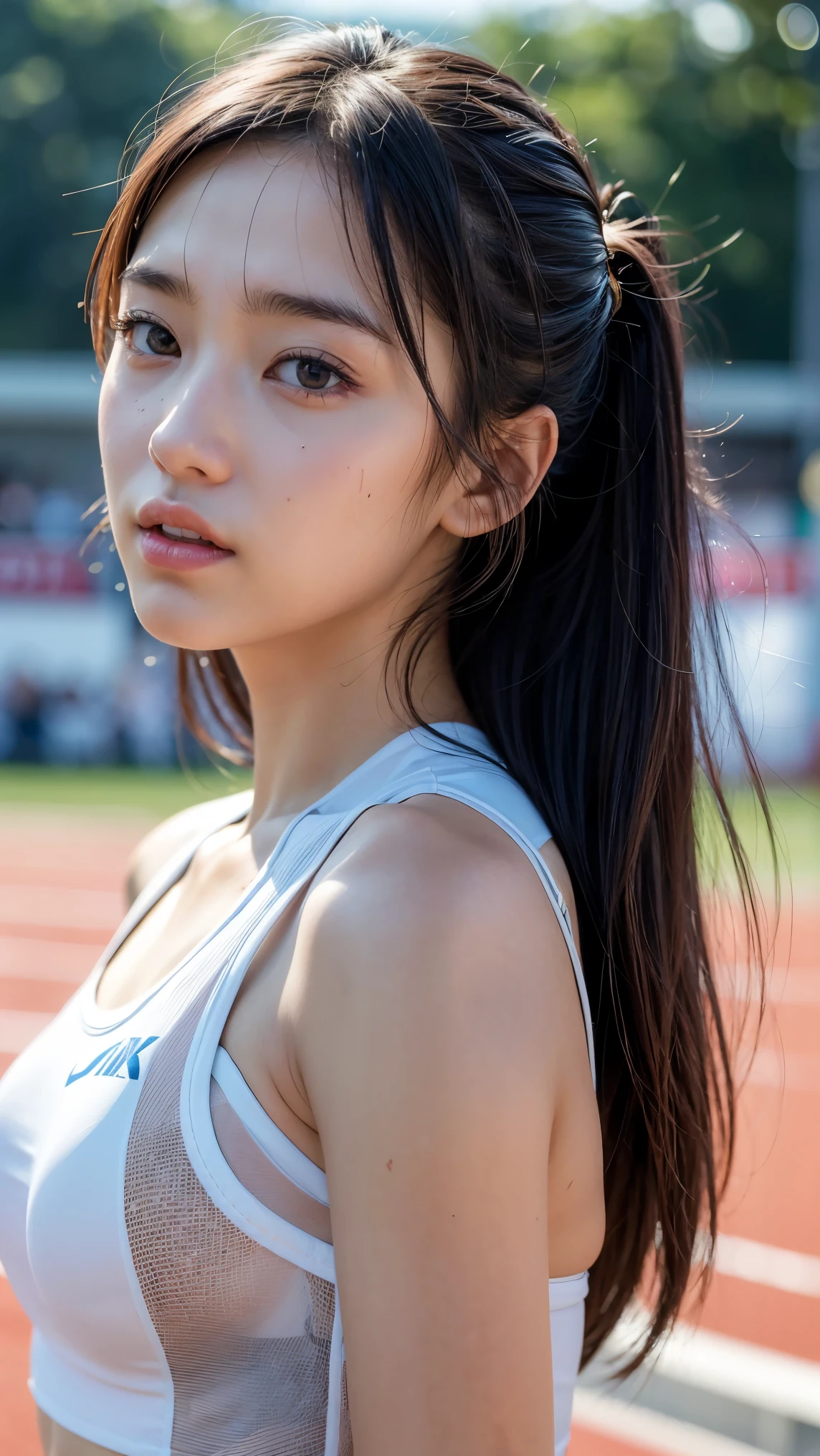((8K masterpiece, highest quality, RAW photo, realistic, face, ))(((One 16-year-old girl with a plump and plump body.)))((ふっくらとした丸faceのfaceの輪郭))((big breasts、 A bulging belly that hasn't been trained))超詳細なかわいいface,fine eyes, double eyelid,Japanese high school girl、Leggings and tank tops、Stadium background blurry feeling、