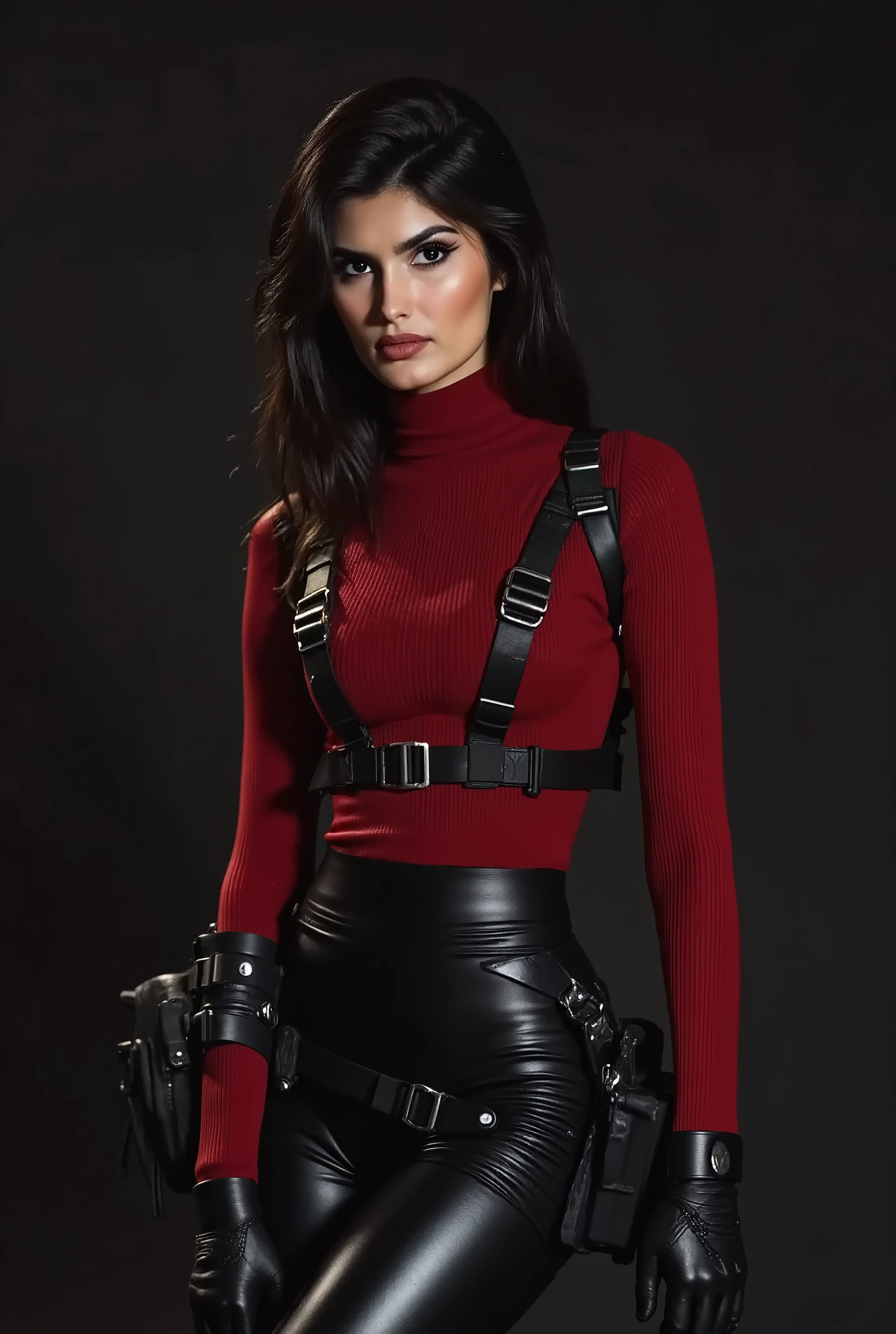 dark red turtleneck,black leather pants,black shoulder harness with gun holsters,black gloves,potrait