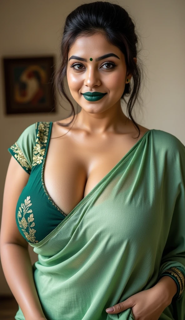Looks like Sandeepa Dhar, a photo portrait of a beautiful girl 30 years old Woman, Topless, (detailed nude breasts), curvy hot mommy figure, fleshy figure, feminine curve, with curls, styled black hair, (face portrait:1.5), dramatic light, Rembrandt lighting scheme, bust shot, linen tank top , top quality editorial photograph, skin texture, skin pores, chocolate skin, high quality skin, top quality photography, professional photography, professional retouching, insane detailing, warm moody tones, modern clothes, highly detailed armpits, 