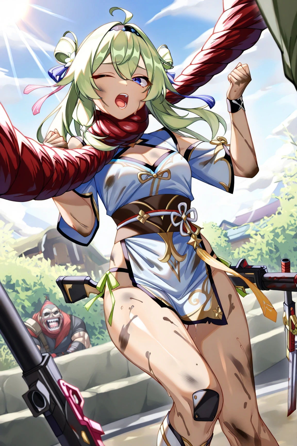 (masterpiece, Highest quality:1.2),Warrior \(dq3\), One girl, Red Armor, Long Hair, Curly Hair, Purple Hair, blue eyes, gloves, Loincloth, Winged Helmet, Red Armor, Holding a sword and a broken iron shield, (Brunette Messy Hair), (Crying face:1.3),(tears, Blood, Bruises on the face or body, Physical injuries, Damaged),Broken Costume,Thigh injury,Get down on one knee、Anime depiction、Being in the swamp、((Crucifixion:1.5))、Hands restrained、Drowning、Wound on chest、Wound on the belly、Scars on face