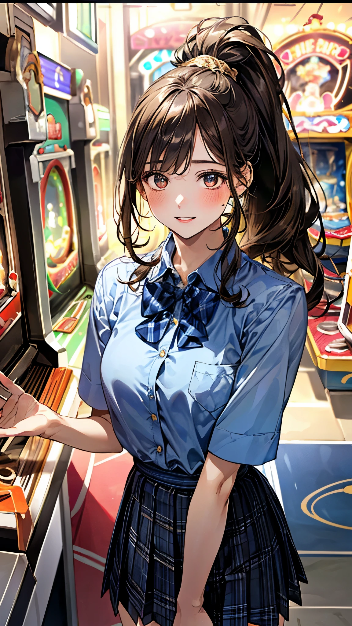 animesque、a beauty girl、poneyTail、Brown hair、bowling、lane、1 persons